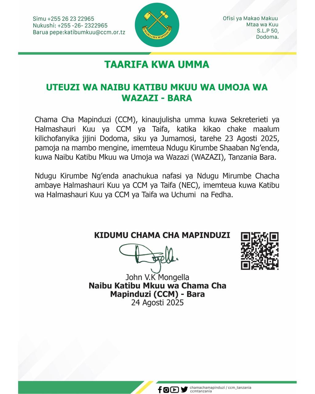 KIRUMBE NG’ENDA ATEULIWA KUWA NAIBU KATIBU MKUU WAZAZI TANZANIA BARA
